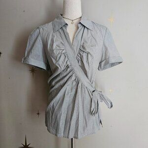 Vtg Love Potion Sz Large SS Wrap Blouse, Gray Pinstripes 100% Cotton y2k